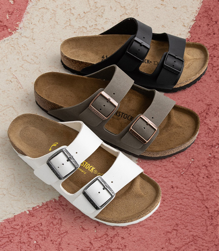 Shop Sandals. Image features Birkenstock Arizona Sandals