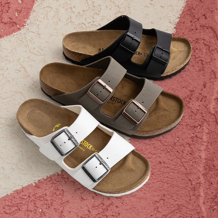 Shop Sandals. Image features Birkenstock Arizona Sandals
