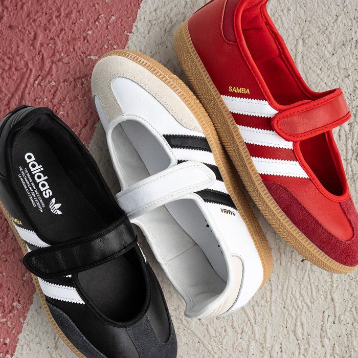 Shop adidas shoes. Image features adidas samba janes in colors, black, white and red