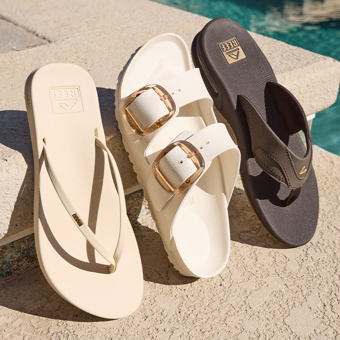 Shop summer ready sandals and flip flops in brands REEF, Birkenstock, and more