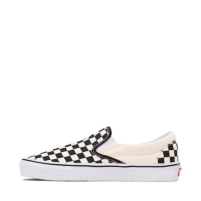 checkerboard vans slip on black and white