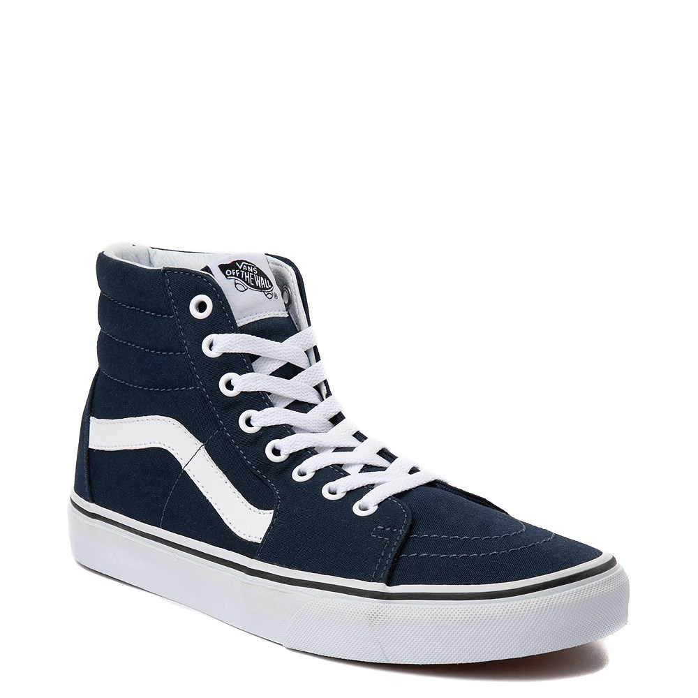 navy blue and white high top vans 