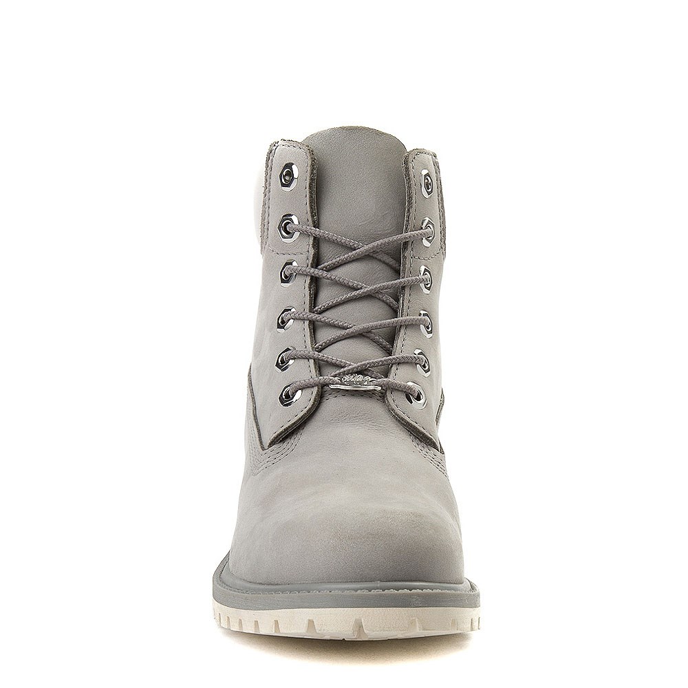 gray and white timbs
