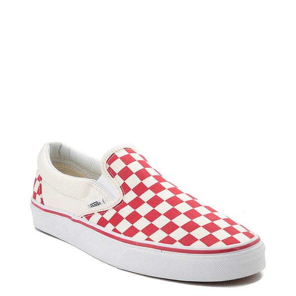 black and red vans slip on