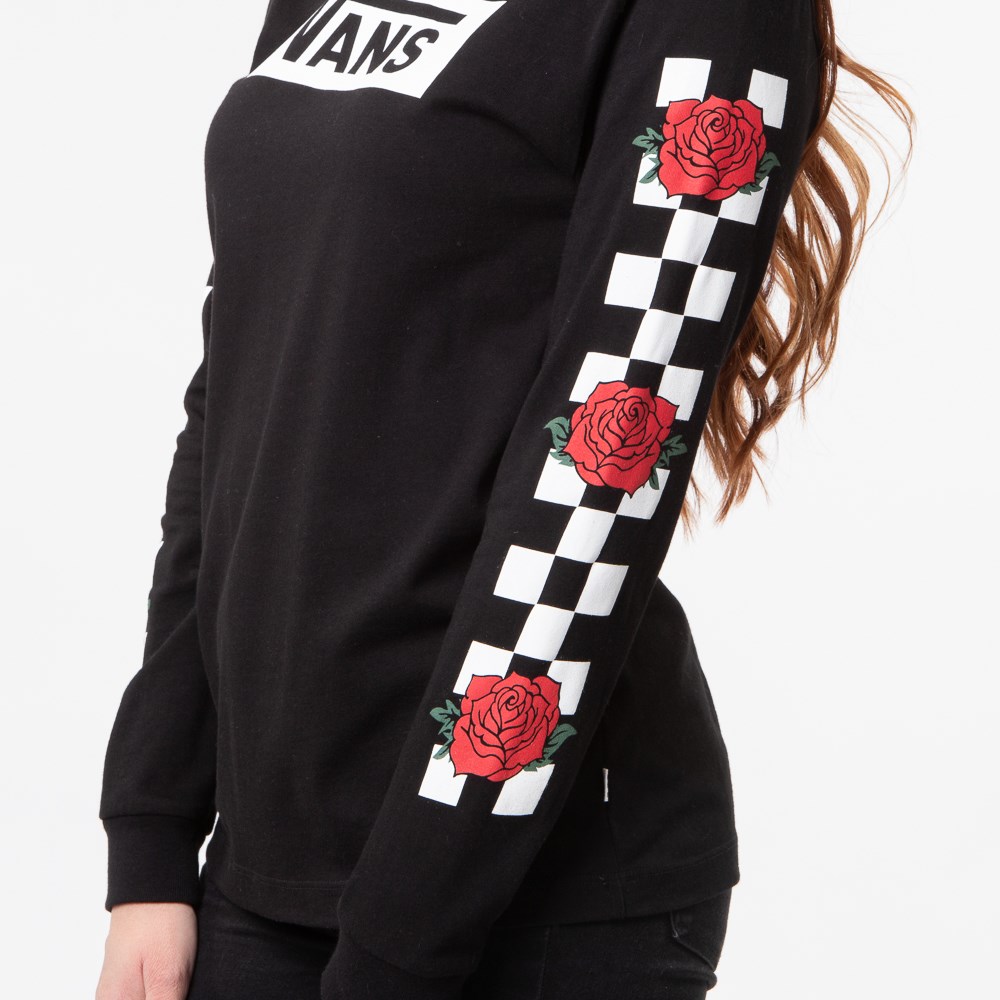 vans rose checkerboard sleeve black hoodie