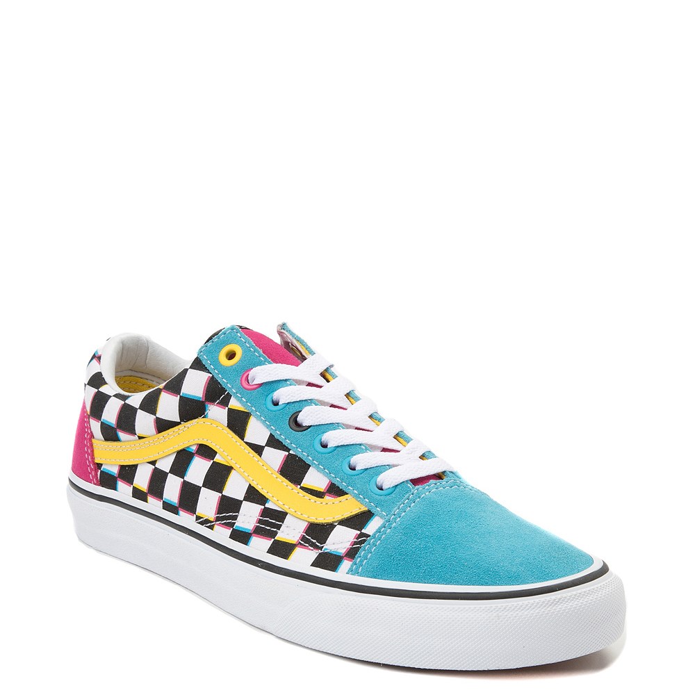 blue pink and yellow striped vans 