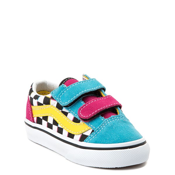 blue yellow and pink checkerboard vans