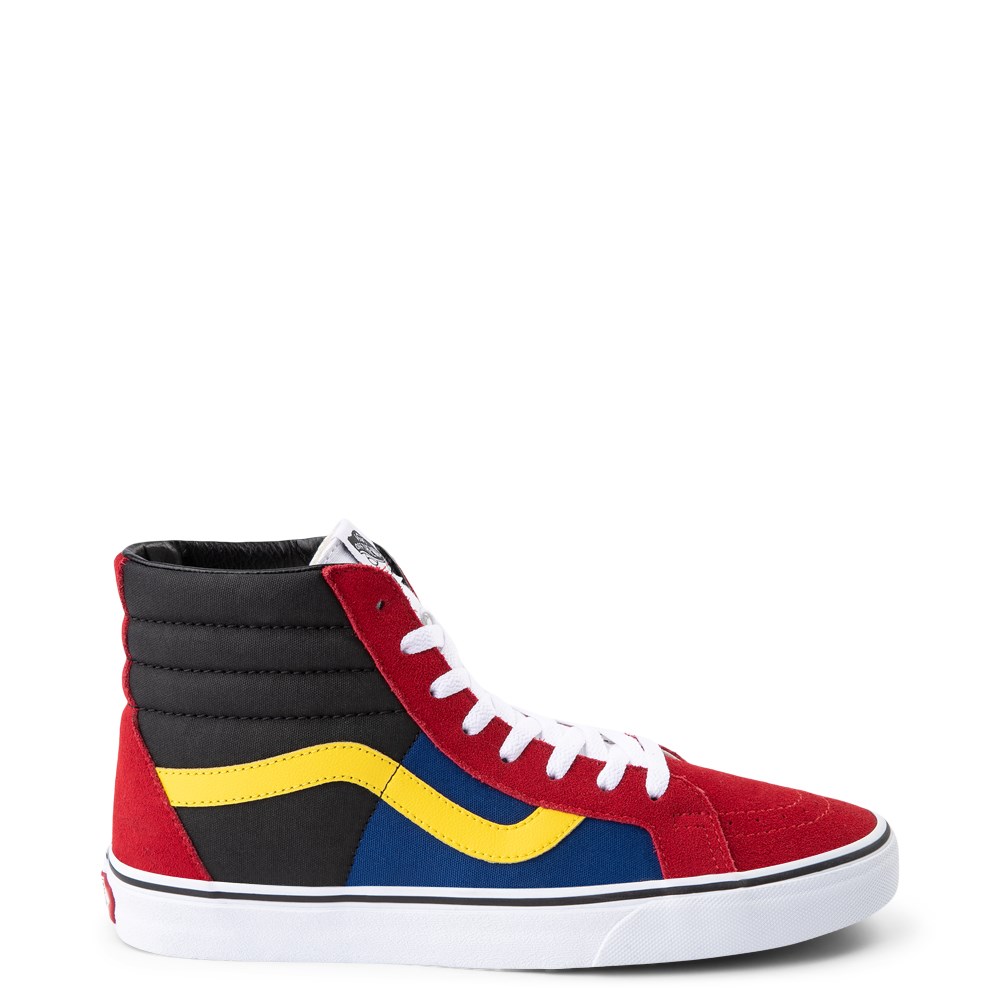 red yellow and blue high top vans