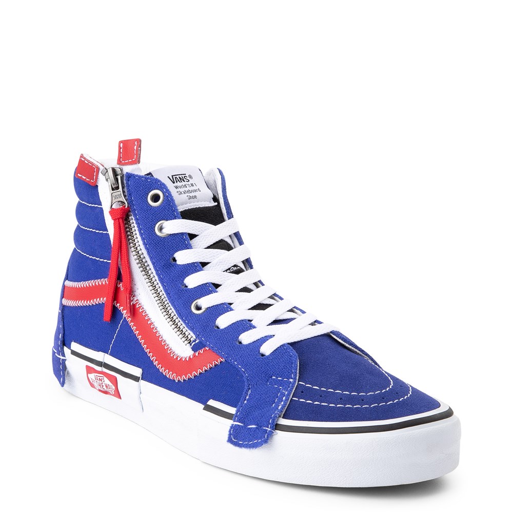 red white and blue high top vans