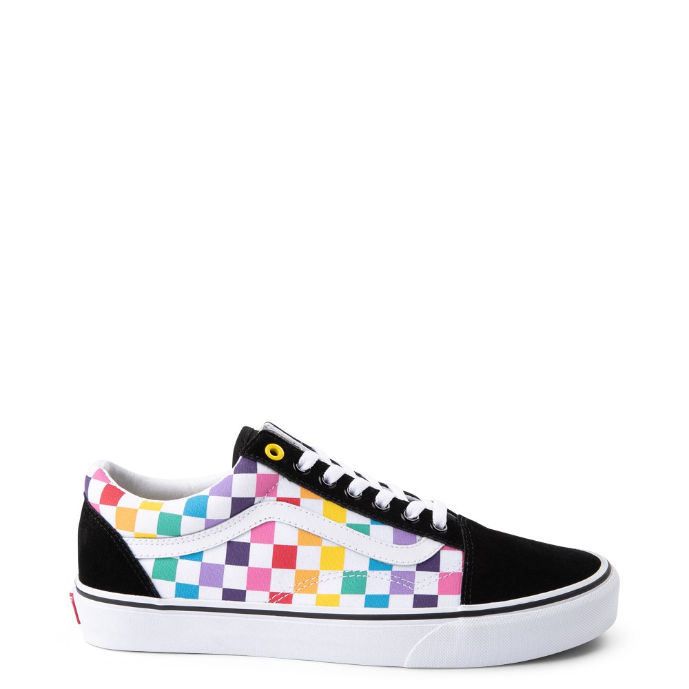 rainbow checkerboard vans with laces 