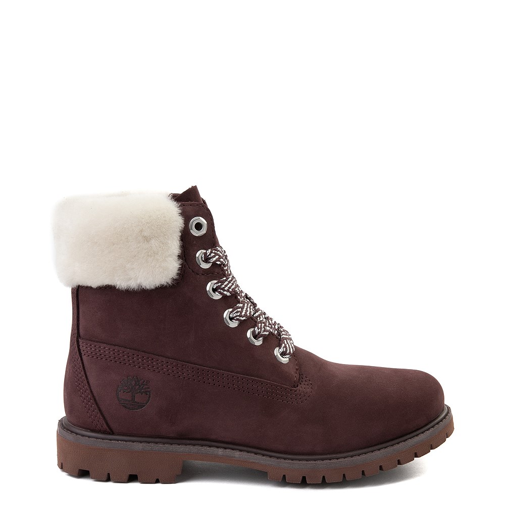 maroon timberlands with fur
