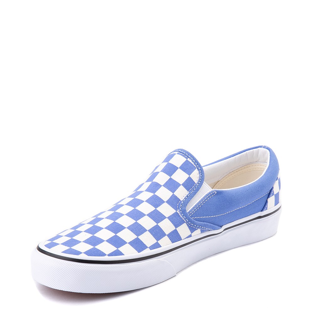 blue checkered slip ons