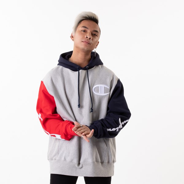 champion grey red and blue hoodie