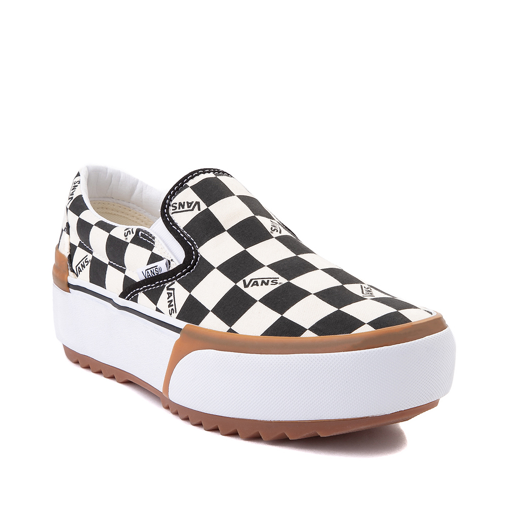Vans Slip On Stacked Checkerboard Skate Shoe - Black / White تمليس