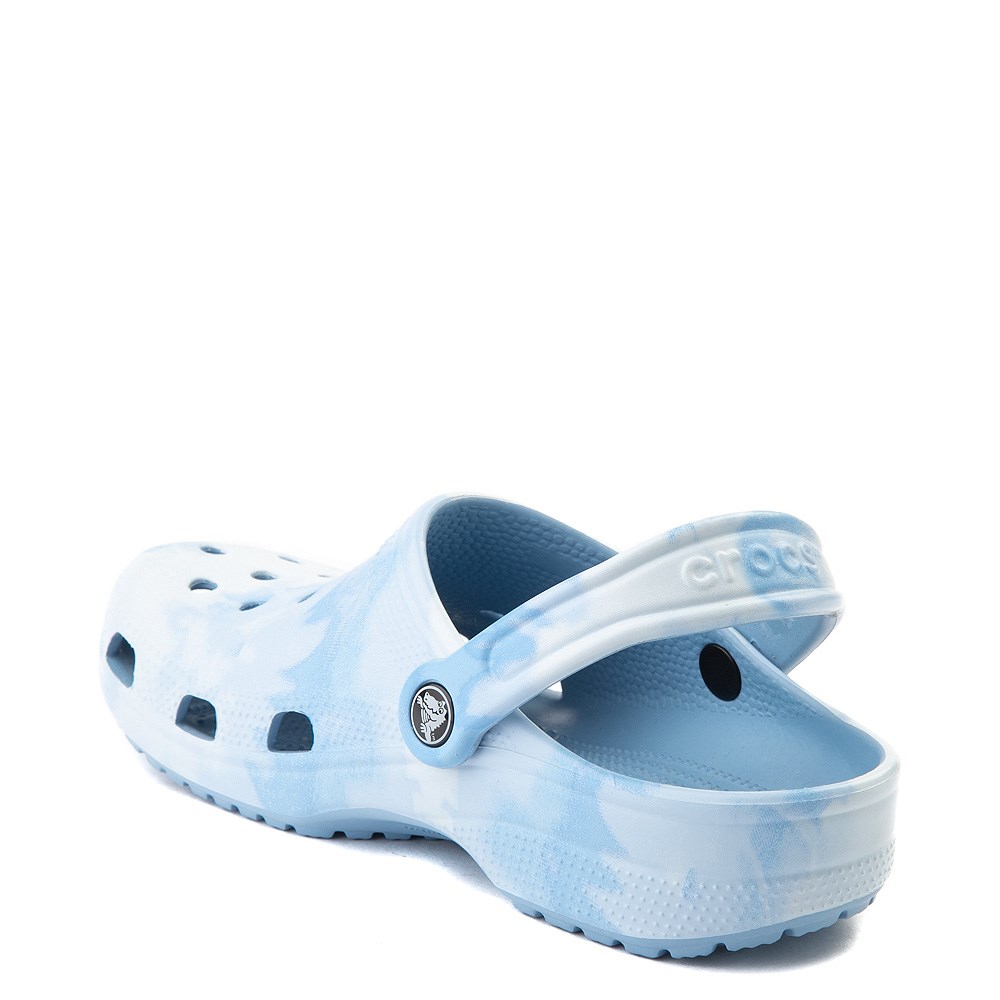 blue and white tie dye crocs