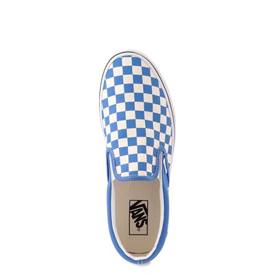blue and white checkered vans slip on