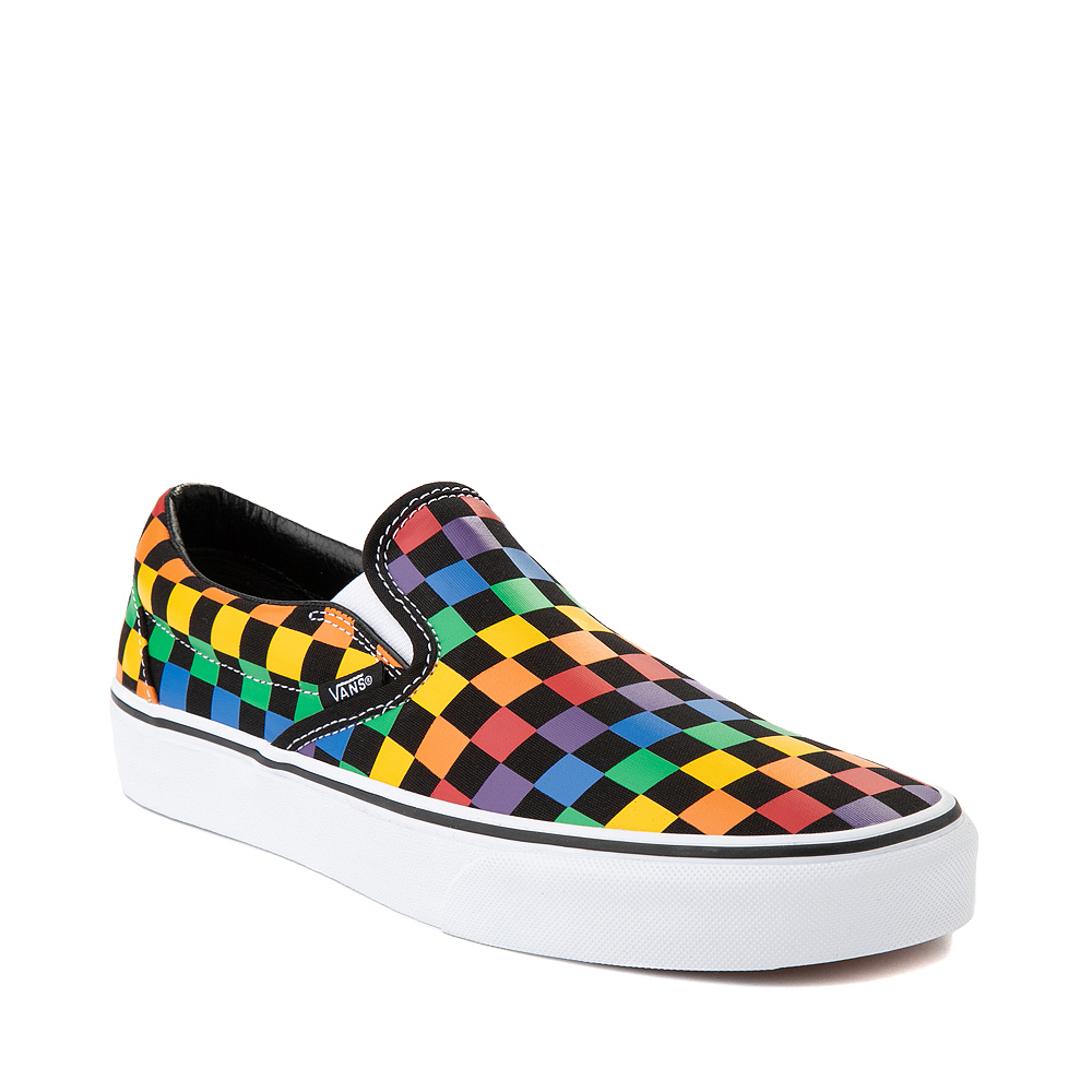 rainbow checkerboard slip on vans