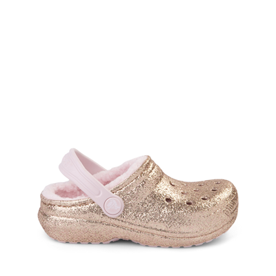 Alternate view of Crocs Classic Fuzz-Lined Glitter Clog - Little Kid / Big Kid - Gold / Barely Pink