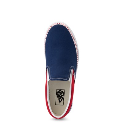 red and blue slip on vans