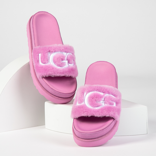 Womens UGG&reg; Laton Fur Slide Sandal - Wildflower