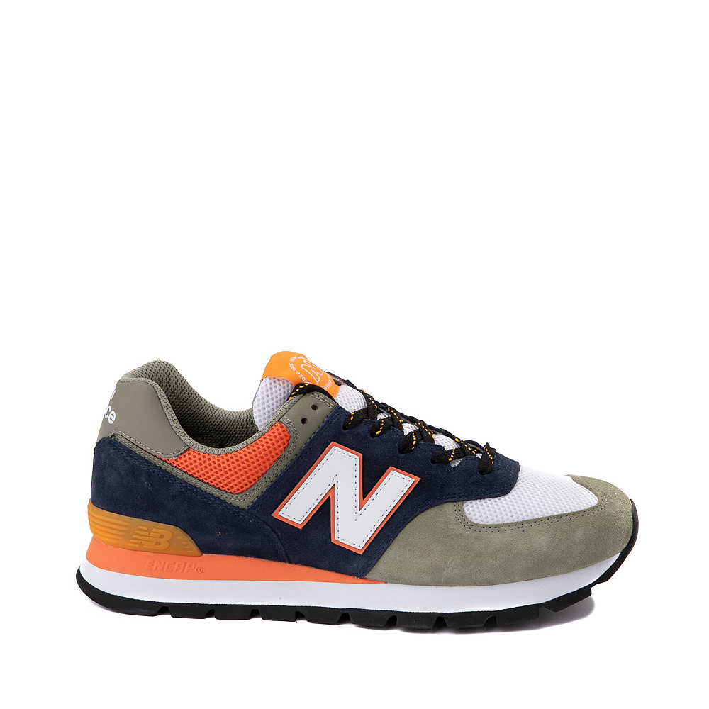 Mens New Balance 574 Rugged Athletic Shoe Olive Navy Orange