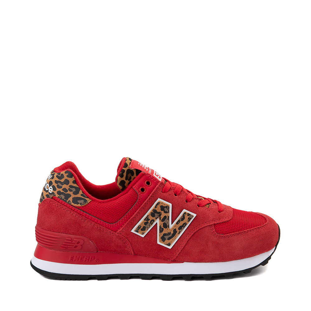 nicotine Lock so Womens New Balance 574 Athletic Shoe - Red / Leopard | Journeys