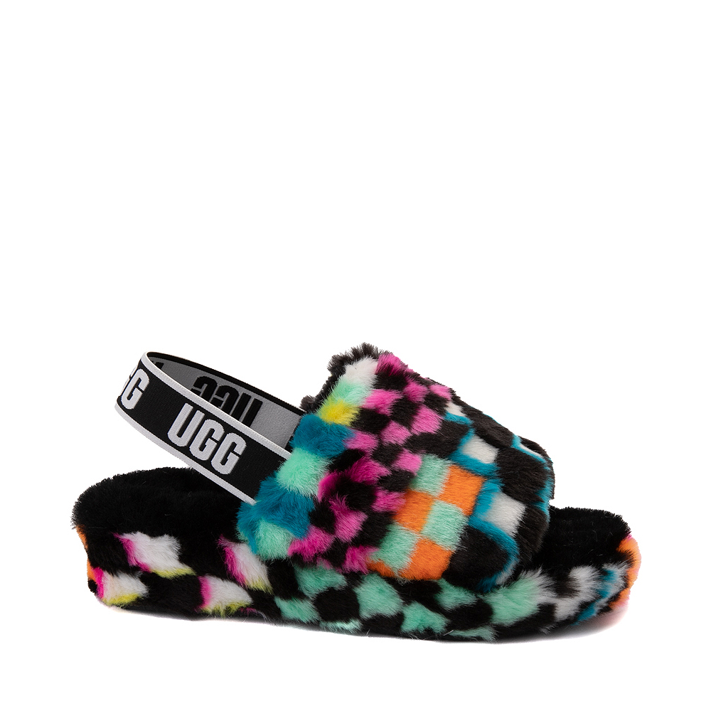 Womens UGG® Fluff Yeah Slide Sandal - Black / Checkered Multicolor