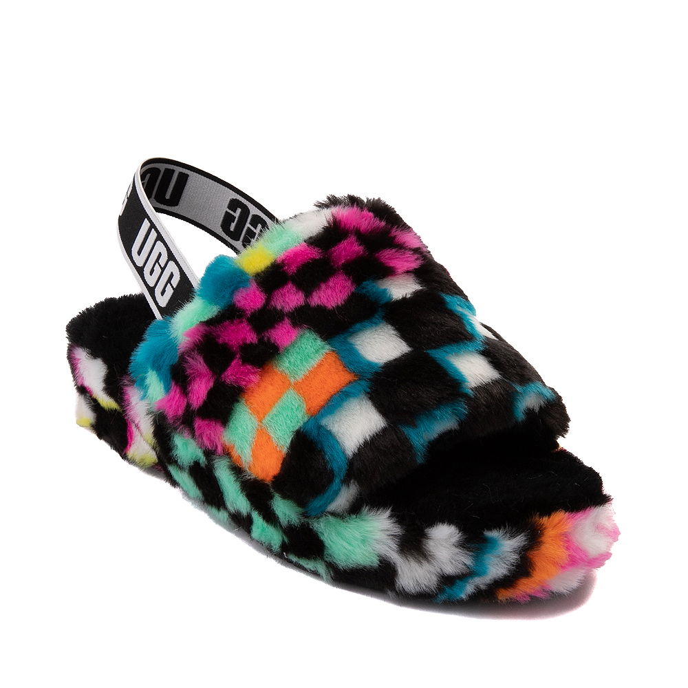 Womens UGGÂ® Fluff Yeah Slide Sandal - Black / Checkered Multicolor | Journeys