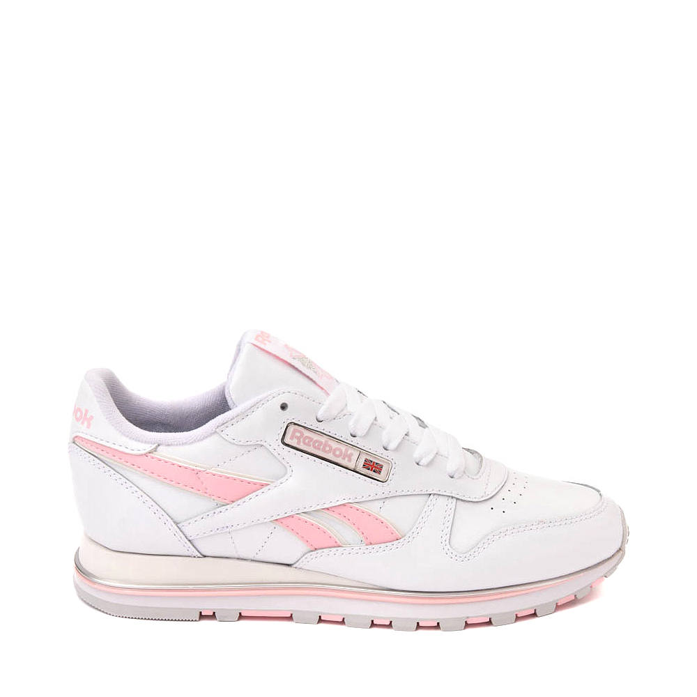Womens Reebok Classic Leather Clip Athletic Shoe - White / Pink / Silver