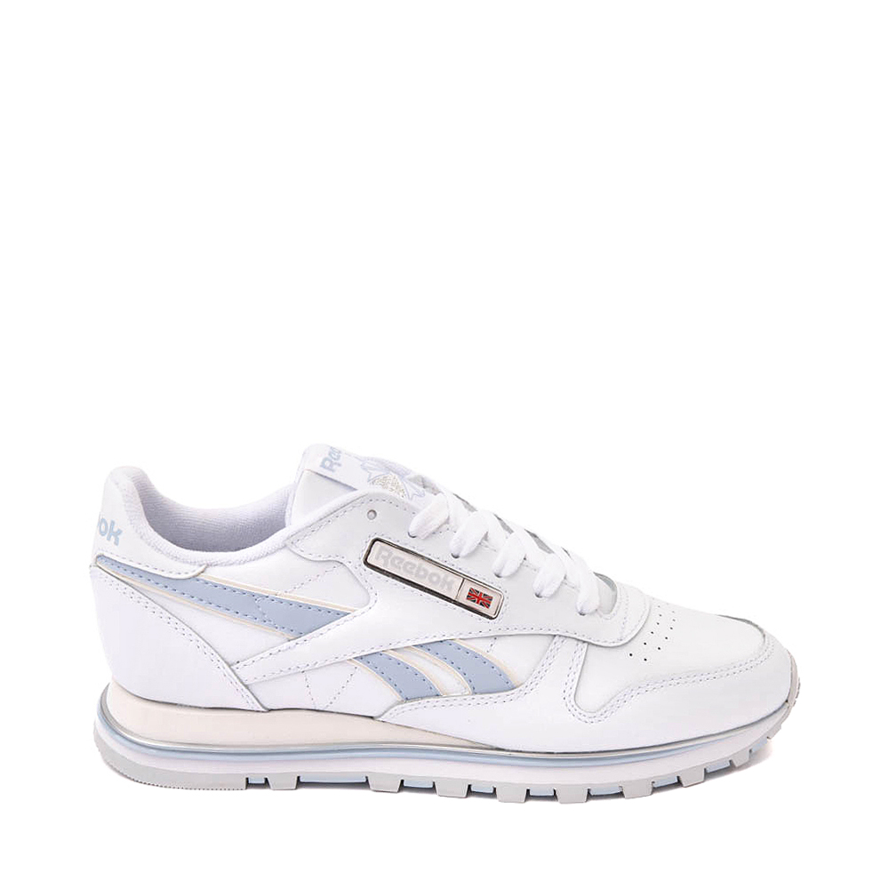 Womens Reebok Classic Leather Clip Athletic Shoe - White / Light Blue / Silver
