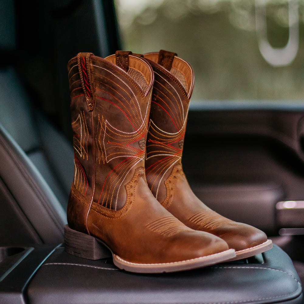 Mens Ariat Sport Wide Square Toe Western Boot Distressed Brown Journeys