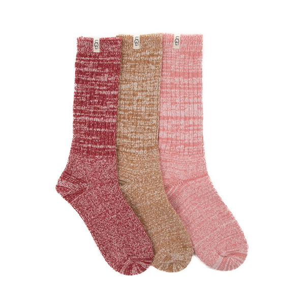 Womens UGG® Rib Knit Slouchy Crew Socks 3 Pack - Pink Cedar / Chestnut / Rubious