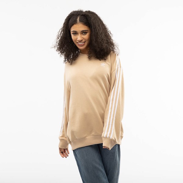 Womens adidas 3-Stripes Oversized Crew Sweatshirt - Magic Beige