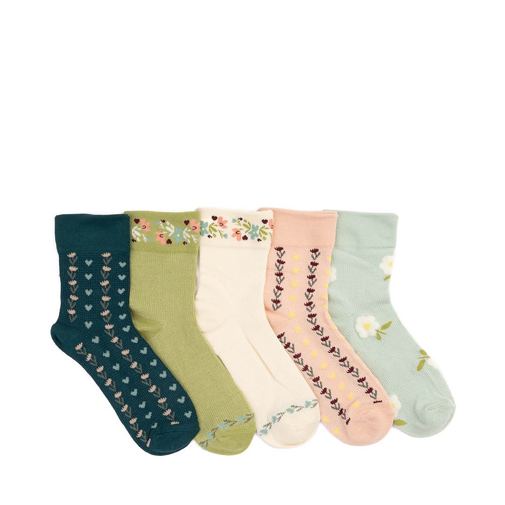 Womens Floral Waffle Wide Welt Quarter Socks 5 Pack - Multicolor