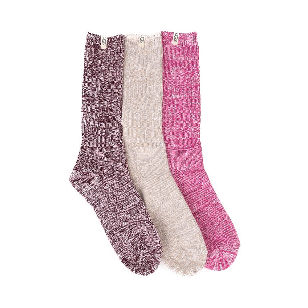 Womens UGG&reg; Rib Knit Slouchy Crew Socks 3 Pack - Chroma Pink / Putty / Wild Grape
