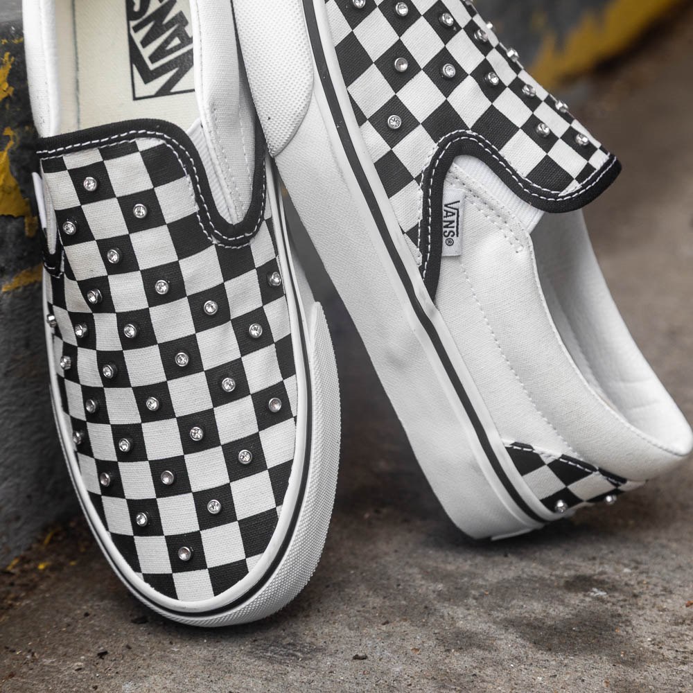 Vans Classic Slip On Rhinestone Checkerboard Skate Shoe Black White 