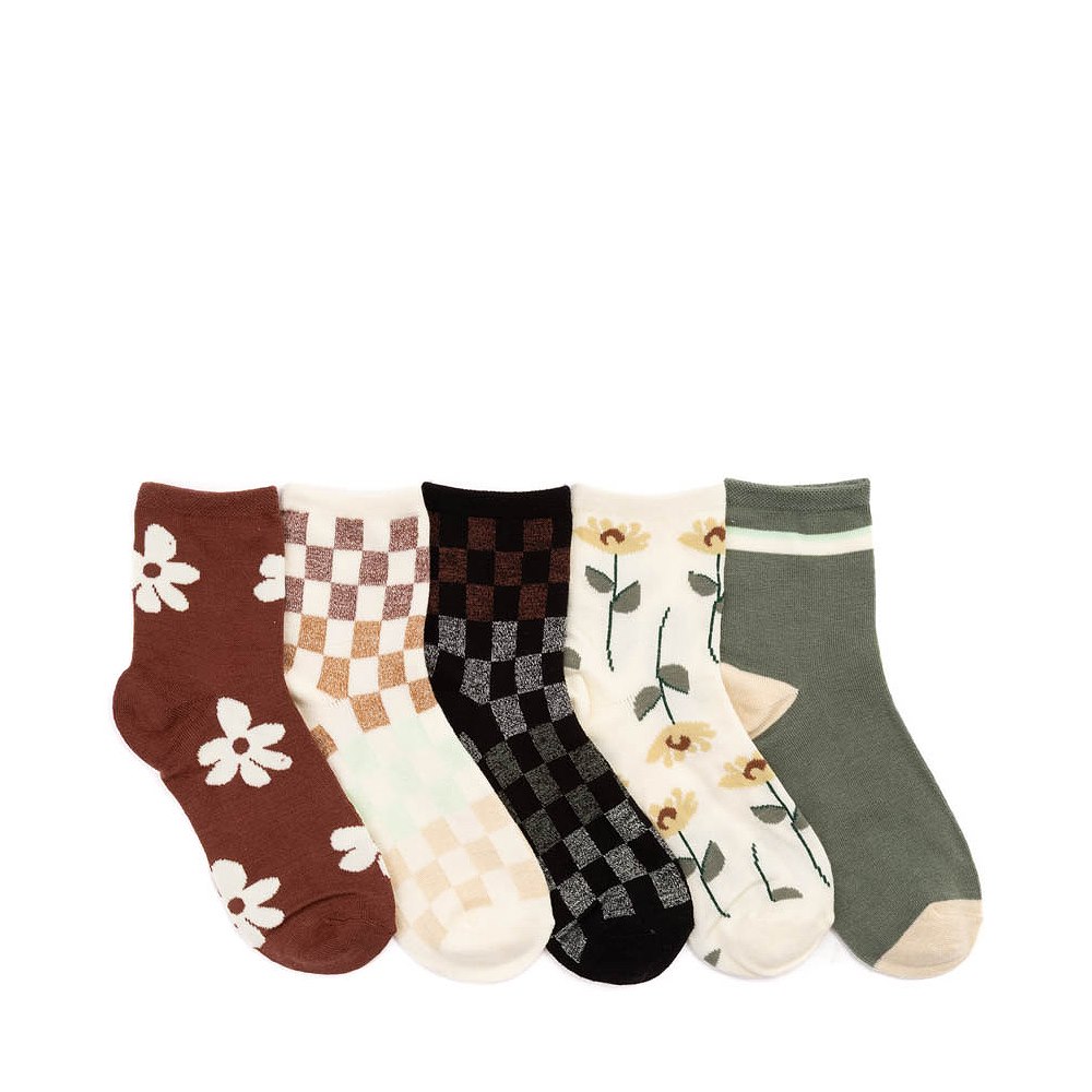 Womens Check Floral Quarter Socks 5 Pack - Multicolor