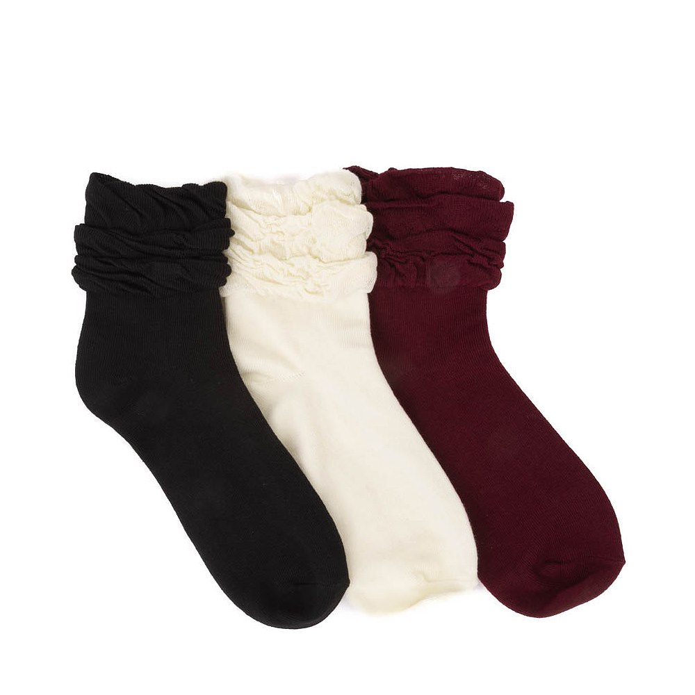 Womens Ruffle Top Quarter Socks 3 Pack - Burgundy / Black / Cream