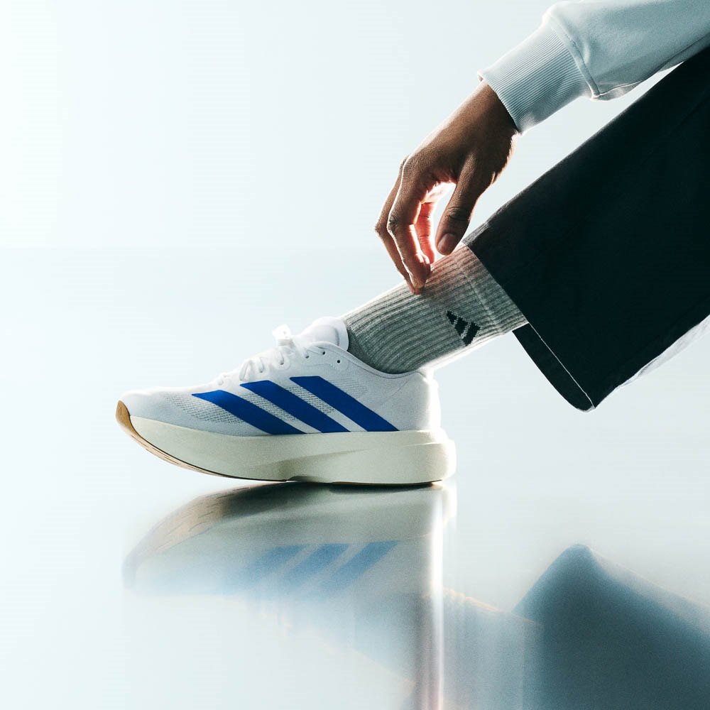 Mens adidas Adizero EVO SL Athletic Shoe - White / Team Royal Blue / Pure Ruby