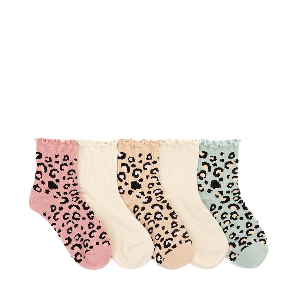 Leopard Print Lettuce Welt Quarter Socks 5 Pack - Little Kid - Multicolor