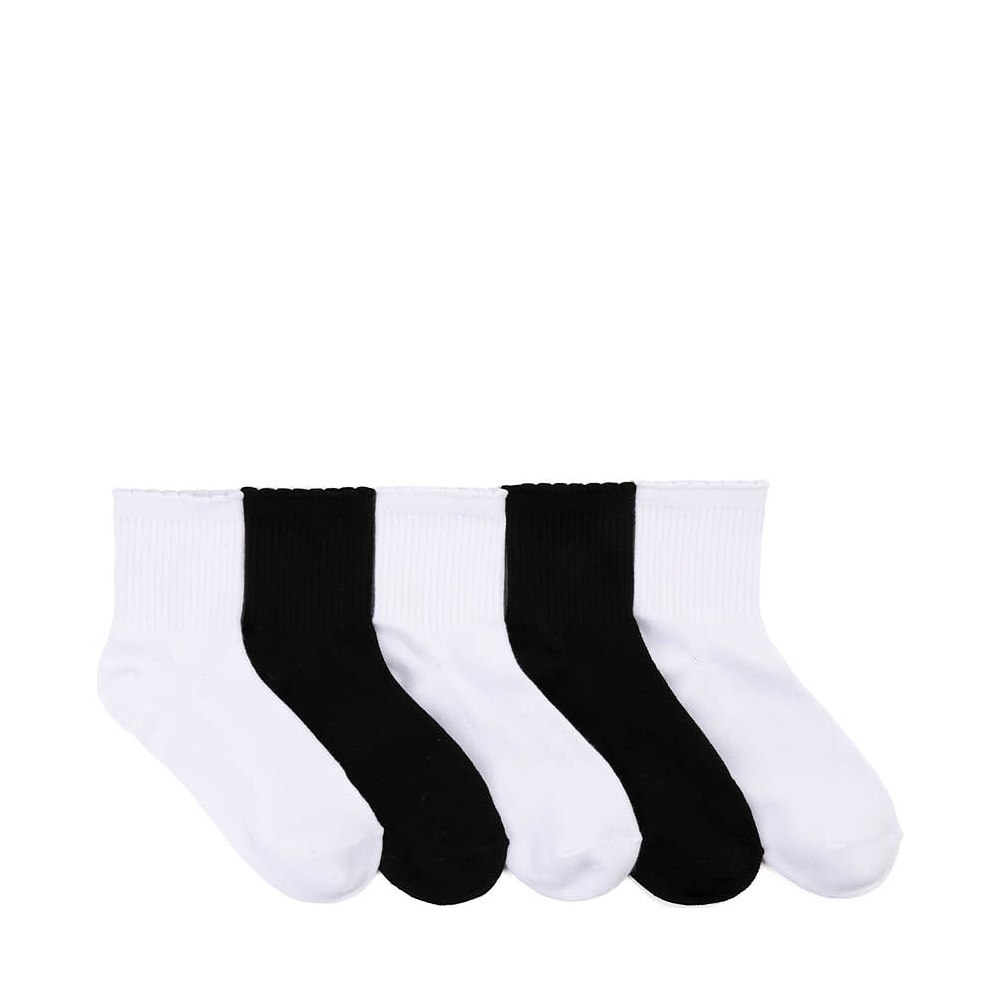 Womens Scallop Top Quilted Quarter Socks 5 Pack - Black / White
