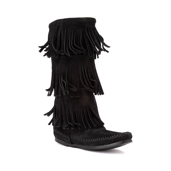 alternate view Womens Minnetonka 3-Layer Fringe Boot - BlackALT5