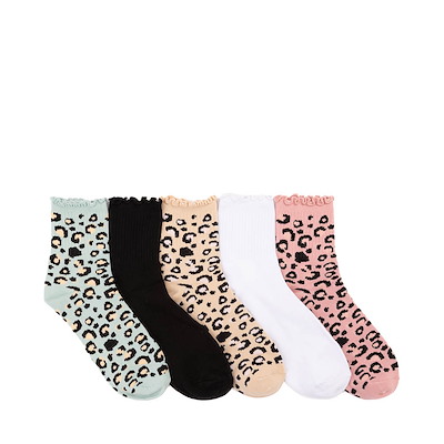 Main view of Womens Animal Print Lettuce Top Quarter Socks 5 Pack - Multicolor
