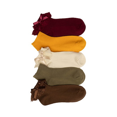 Main view of Womens Lace Bow Ribbed Quarter Socks 5-Pack - Multicolor