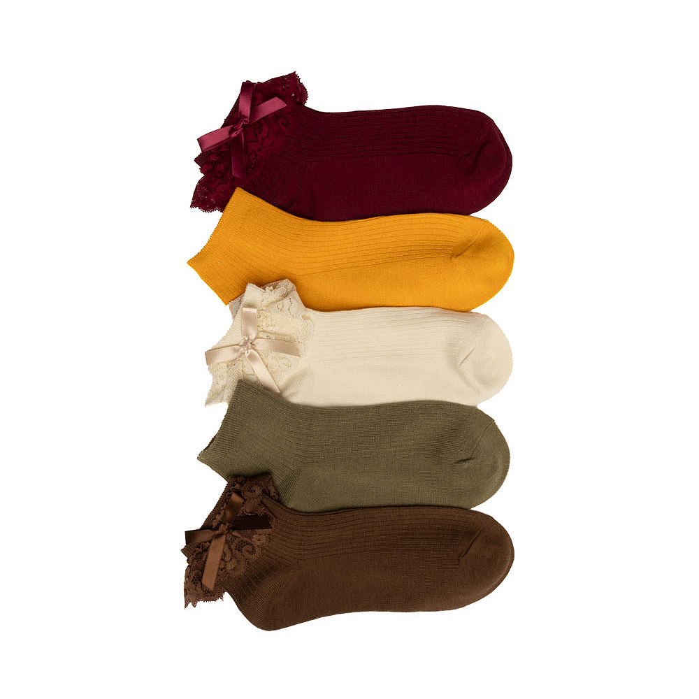 Womens Lace Bow Ribbed Quarter Socks 5-Pack - Multicolor