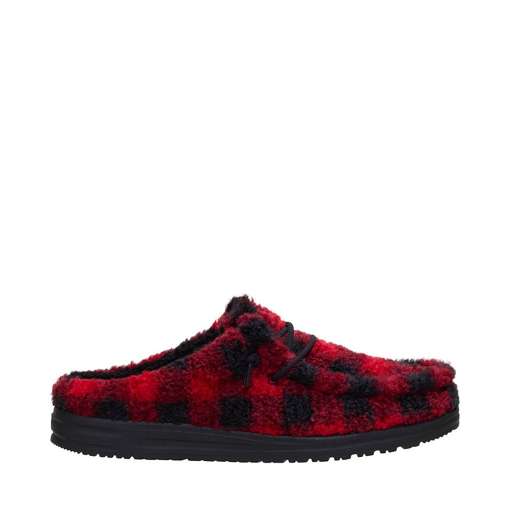 Mens HEYDUDE Wally Slipper Buffalo Plaid - Flame Scarlet / Black